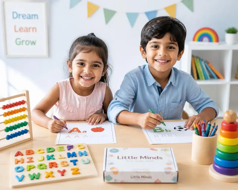 Two happy children learning with MastiMinds educational toys and activity kits